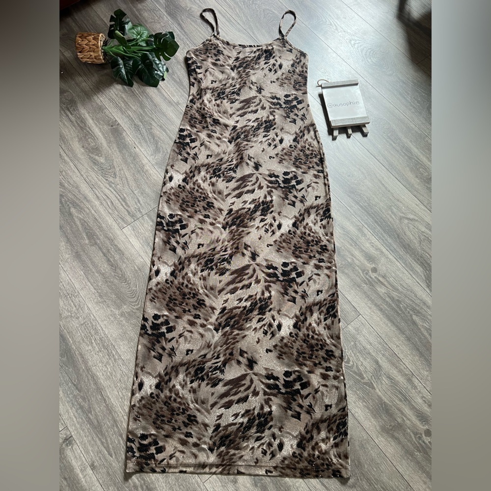Carabella Collection Vintage Y2K 90s Glitter Shimmer Animal Print Maxi Dress XL